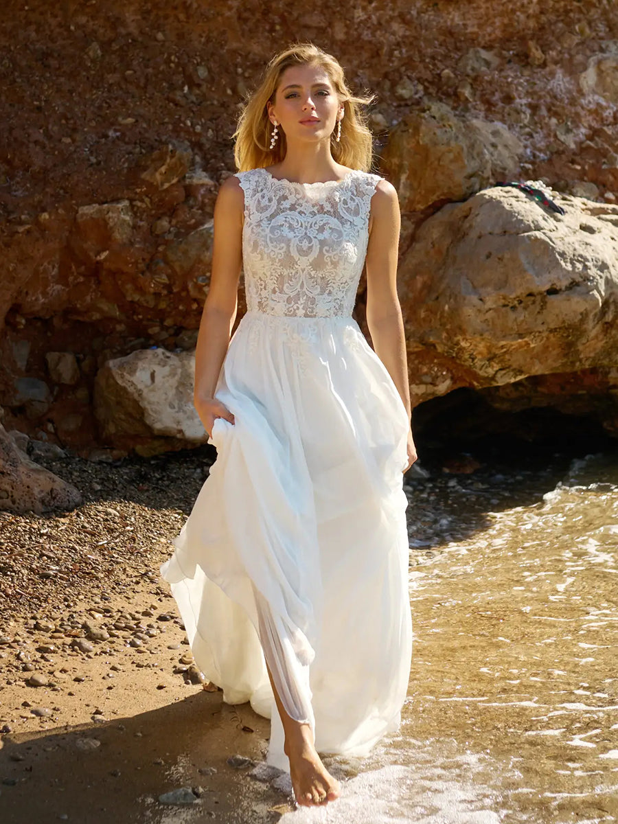 A-Line Round Lace Illusion Sleeveless Chiffon Wedding Dress with Train