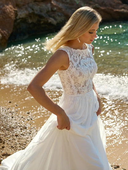 A-Line Round Lace Illusion Sleeveless Chiffon Wedding Dress with Train