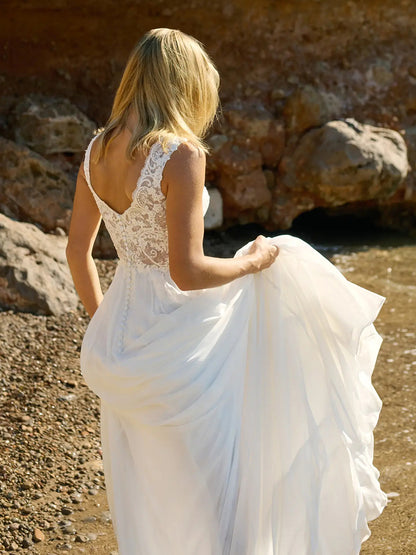 A-Line Round Lace Illusion Sleeveless Chiffon Wedding Dress with Train