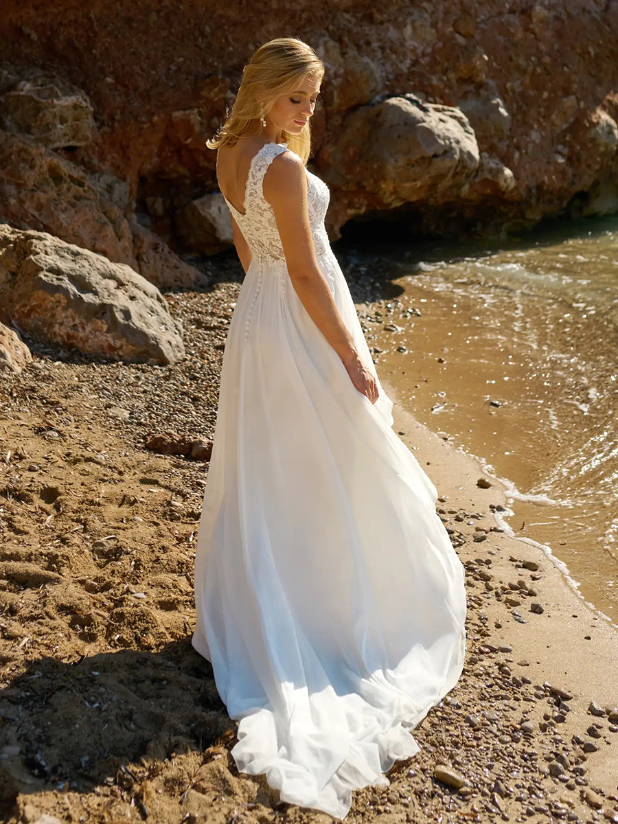 A-Line Round Lace Illusion Sleeveless Chiffon Wedding Dress with Train