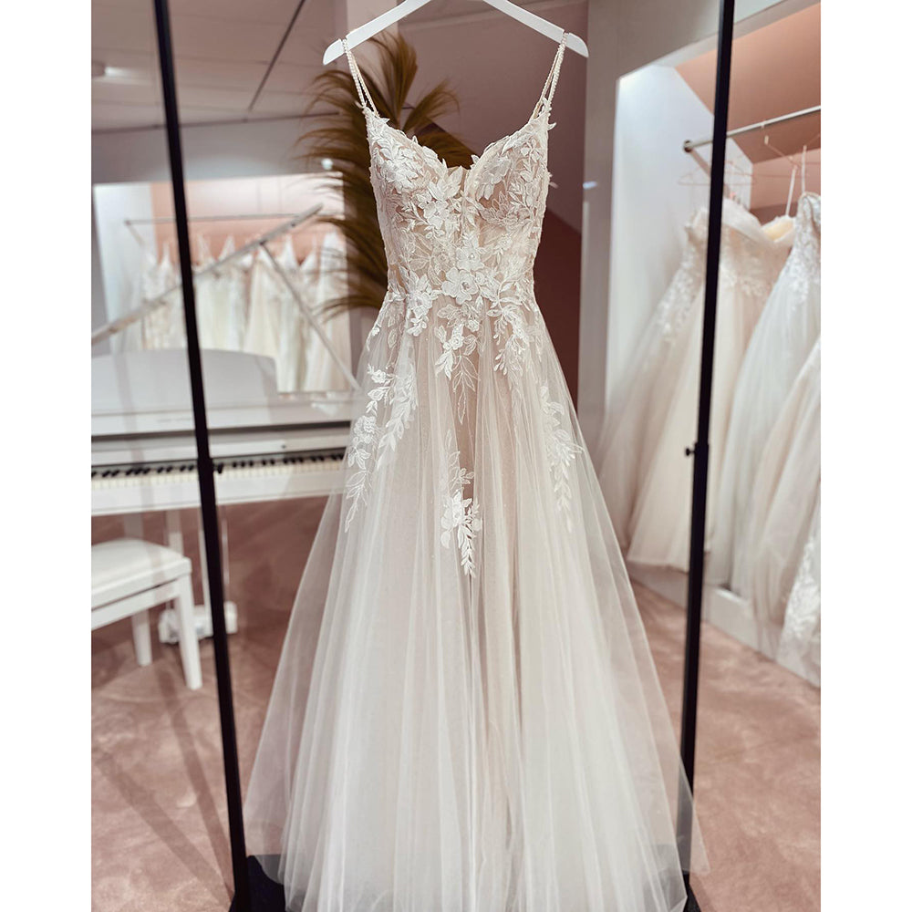 Spaghetti Straps Lace Wedding Dress Open Back Civil Bridal Bohemian Wedding Gowns