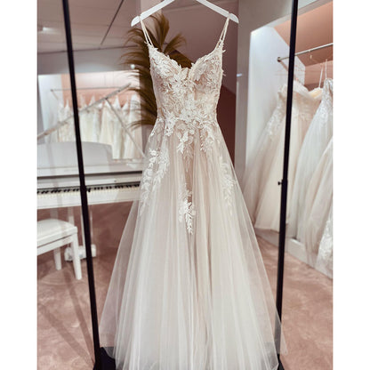 Spaghetti Straps Lace Wedding Dress Open Back Civil Bridal Bohemian Wedding Gowns