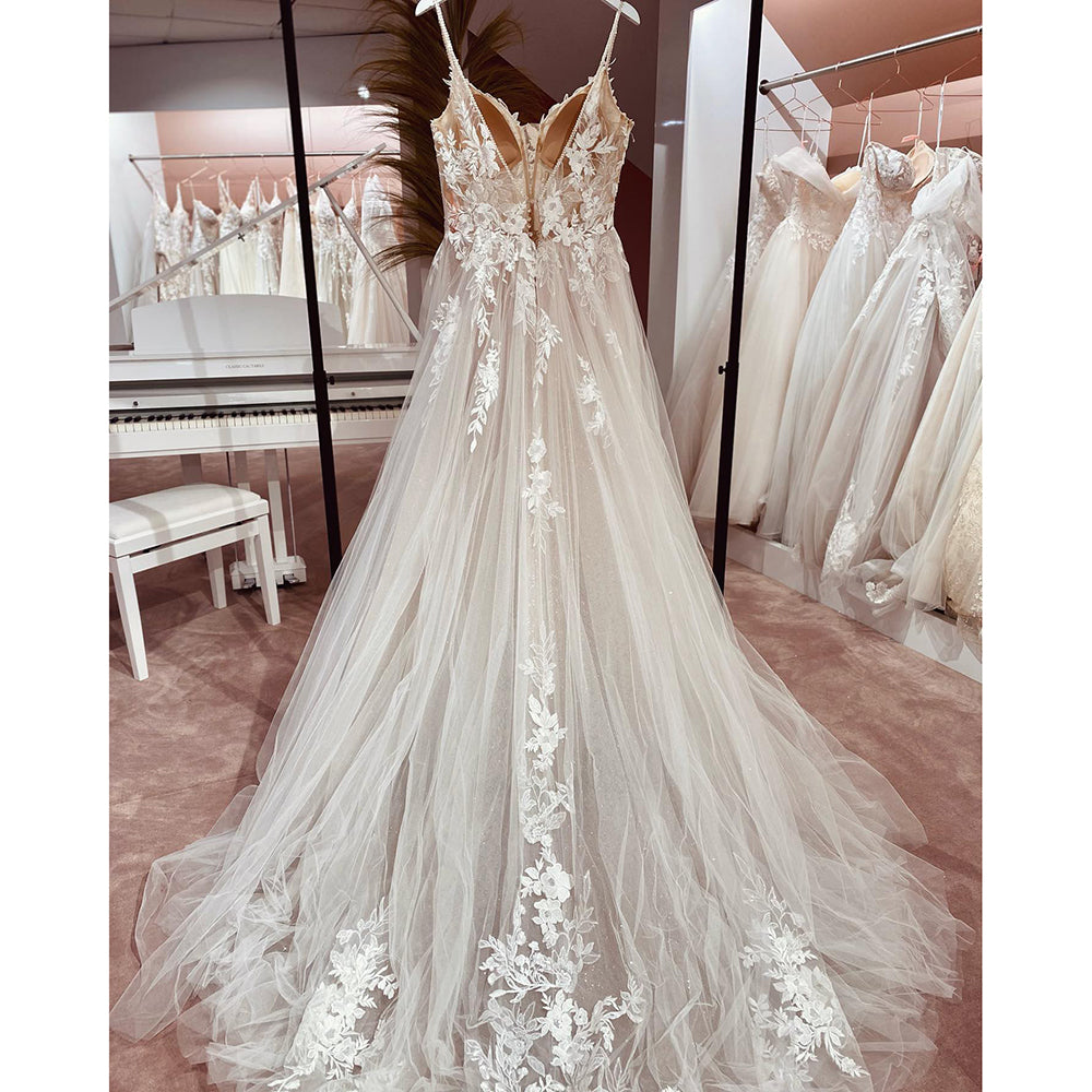 Spaghetti Straps Lace Wedding Dress Open Back Civil Bridal Bohemian Wedding Gowns