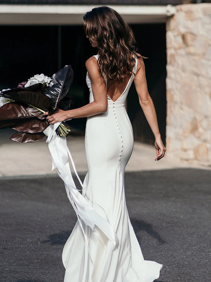 Deep V-Neck Sleeveless Low-V Back Mermaid Wedding Dress with Slit and Train