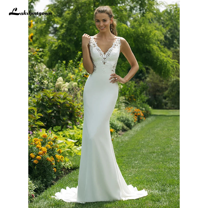 2021 Soft Satin Mermaid Wedding Dresses for Bride V-Neck Straight Gown with Double Key Hole Back Bridal Gowns Vestido De Noiva