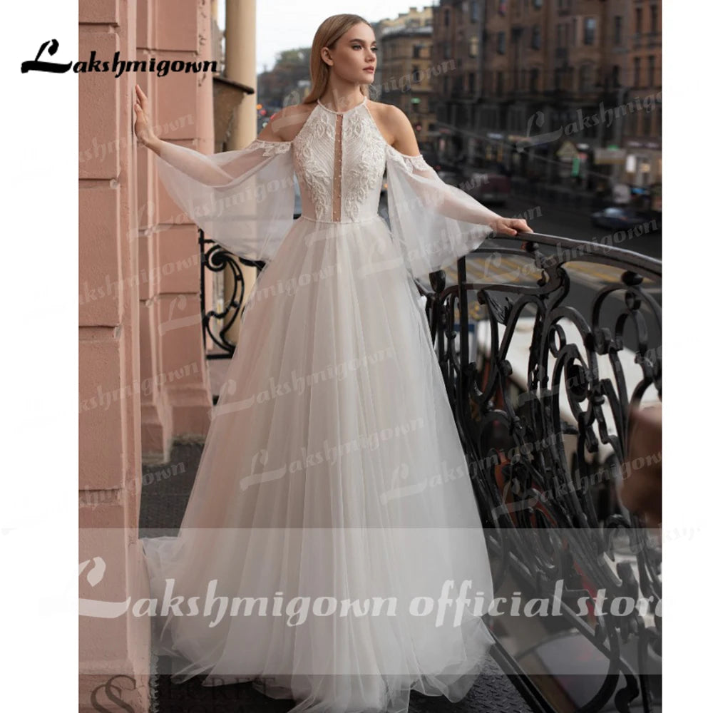 High Neck Bohemian Wedding Dresses puffy sleeves Lace Bridal Gowns tulle A-Line Wedding gown Robe De Mariee Country gelinlik