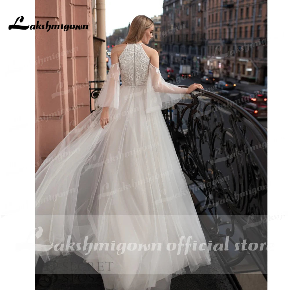High Neck Bohemian Wedding Dresses puffy sleeves Lace Bridal Gowns tulle A-Line Wedding gown Robe De Mariee Country gelinlik