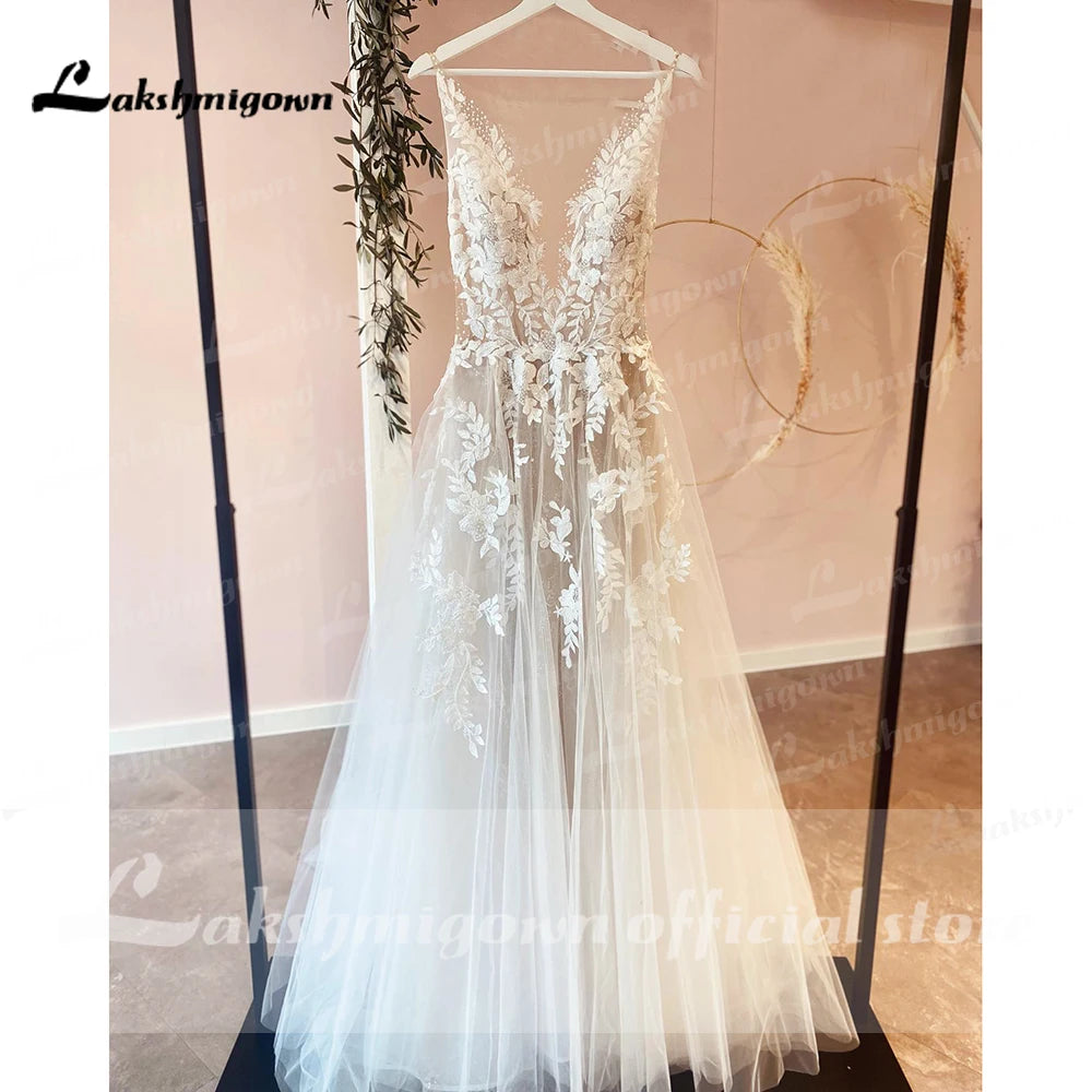 Vintage Boho A Line Wedding Dress 2023 Illusion Lace Appliques Sleeveless Beach Bridal Gown vestido para boda playa