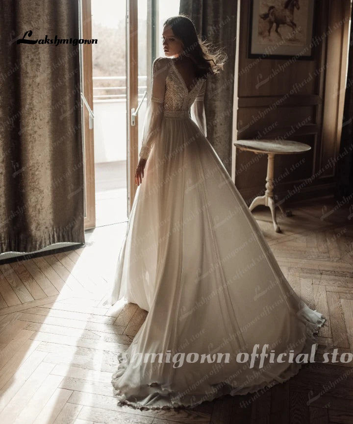 Vintage Long Puff Sleeves Wedding Dress Lace And Chiffon A Line Bride Gowns Backless Sexy Boho Bridal Dress 2021