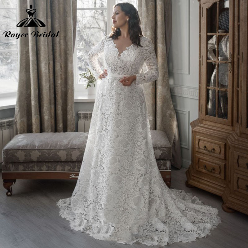 Elegant A Line Wedding Dresses with Back Buttons Plus Size Lace V Neck Long Sleeve vestido de novia 2025 Bridal Gown Customized