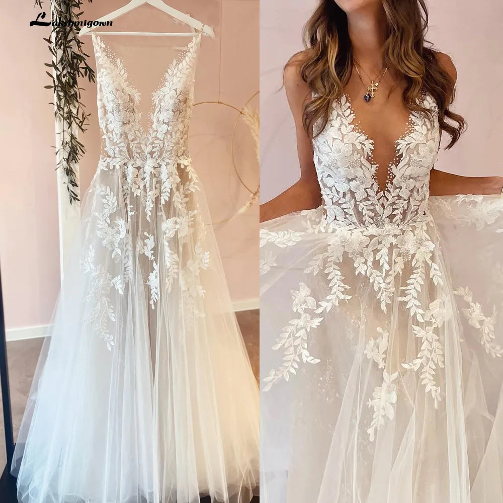 Vintage Boho A Line Wedding Dress 2023 Illusion Lace Appliques Sleeveless Beach Bridal Gown vestido para boda playa