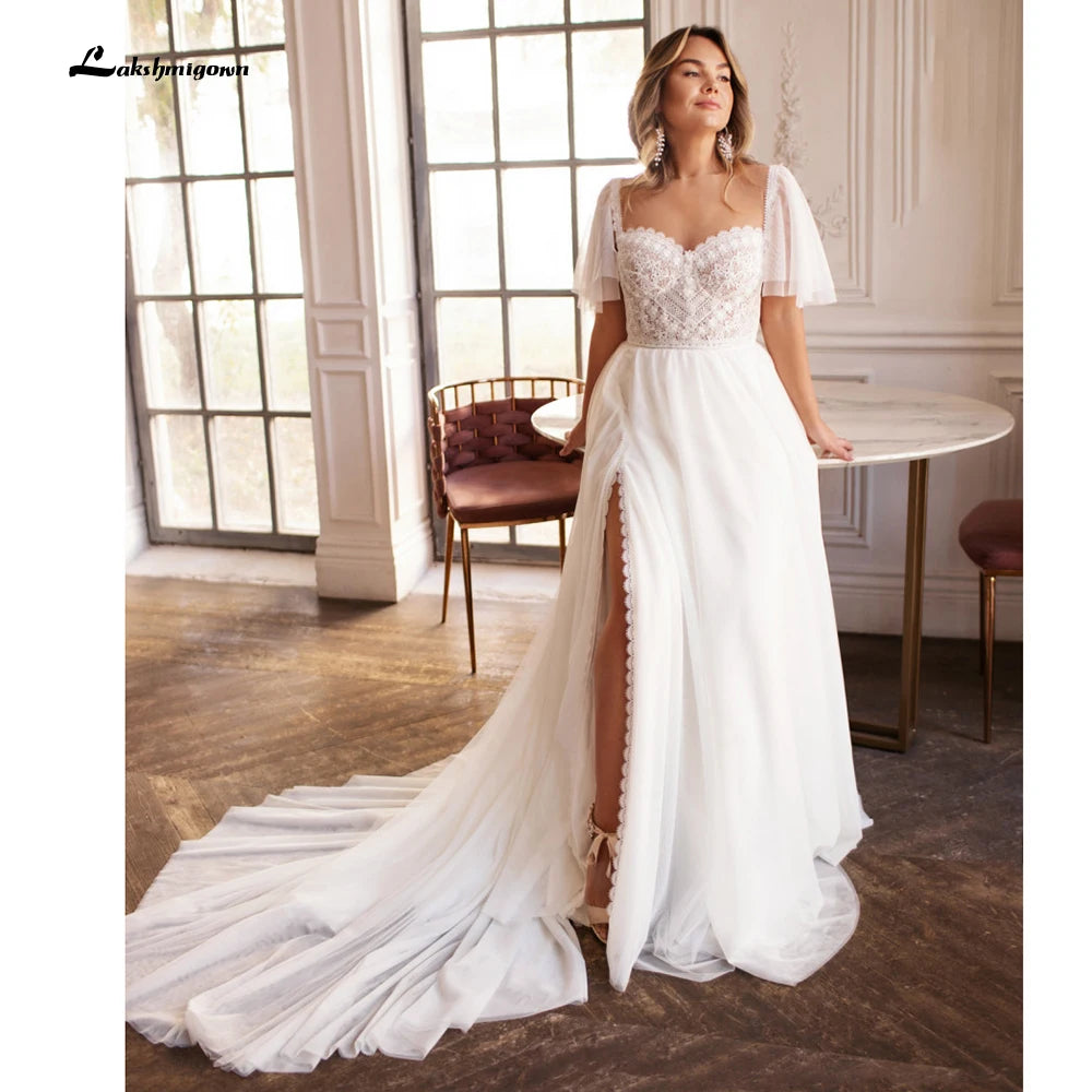 Elegant Plus Size Wedding Dresses Scoop neck Side Slit Lace Wedding Bride Gowns with sleeves A Line Vestido De Novia