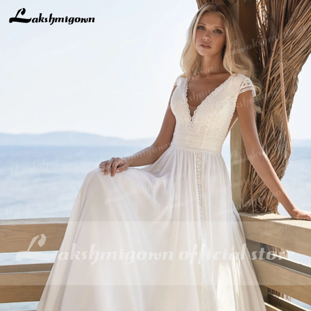 Simple Bohemian Wedding Dress 2021 Cap Sleeve V-Neck Floor Length Chiffon A-Line Bridal Gowns With Charming For Women