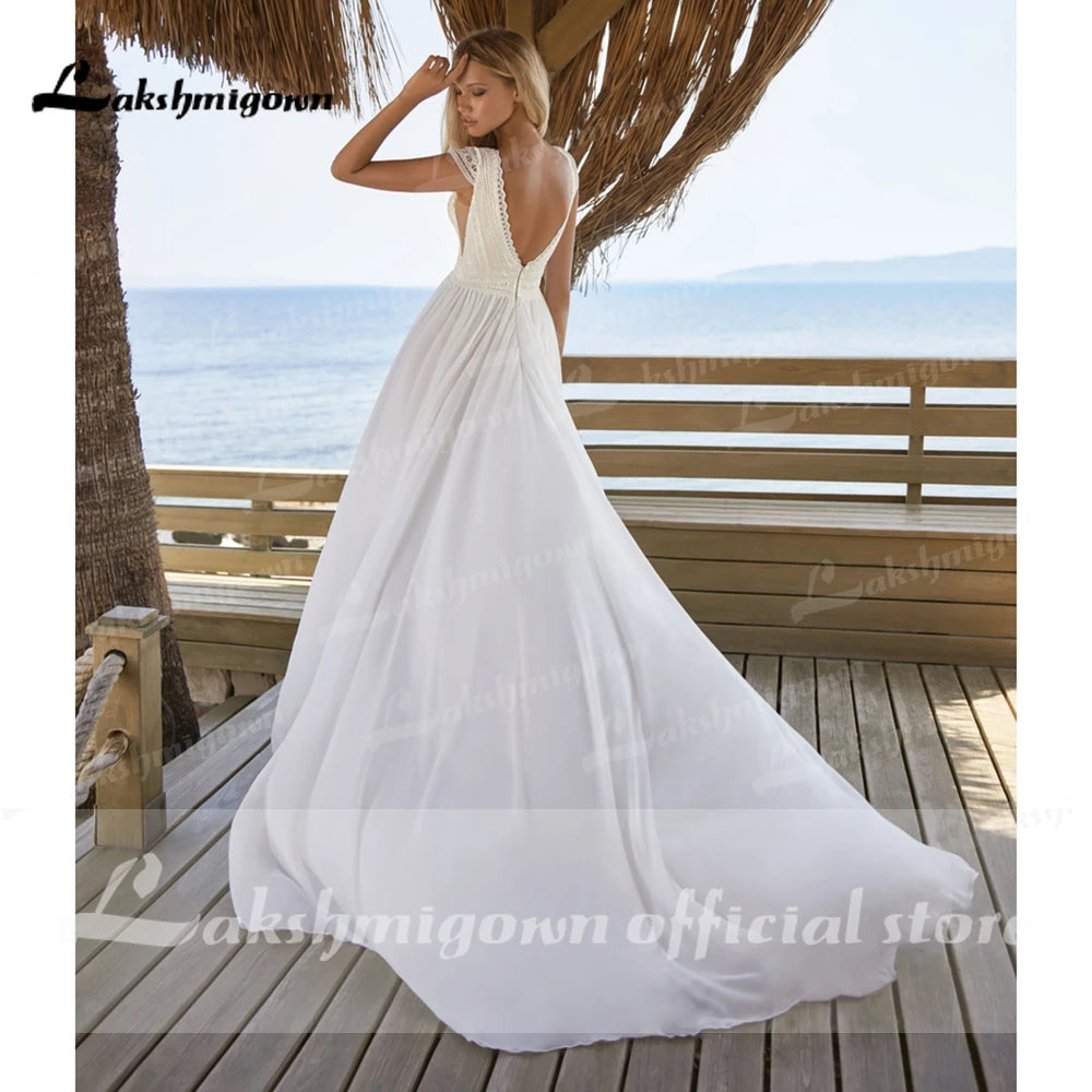Simple Bohemian Wedding Dress 2021 Cap Sleeve V-Neck Floor Length Chiffon A-Line Bridal Gowns With Charming For Women