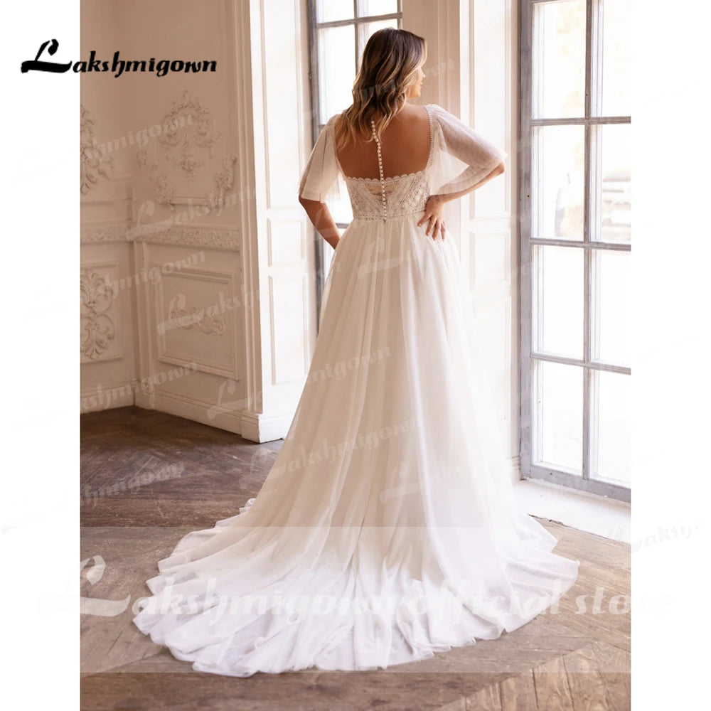 Elegant Plus Size Wedding Dresses Scoop neck Side Slit Lace Wedding Bride Gowns with sleeves A Line Vestido De Novia