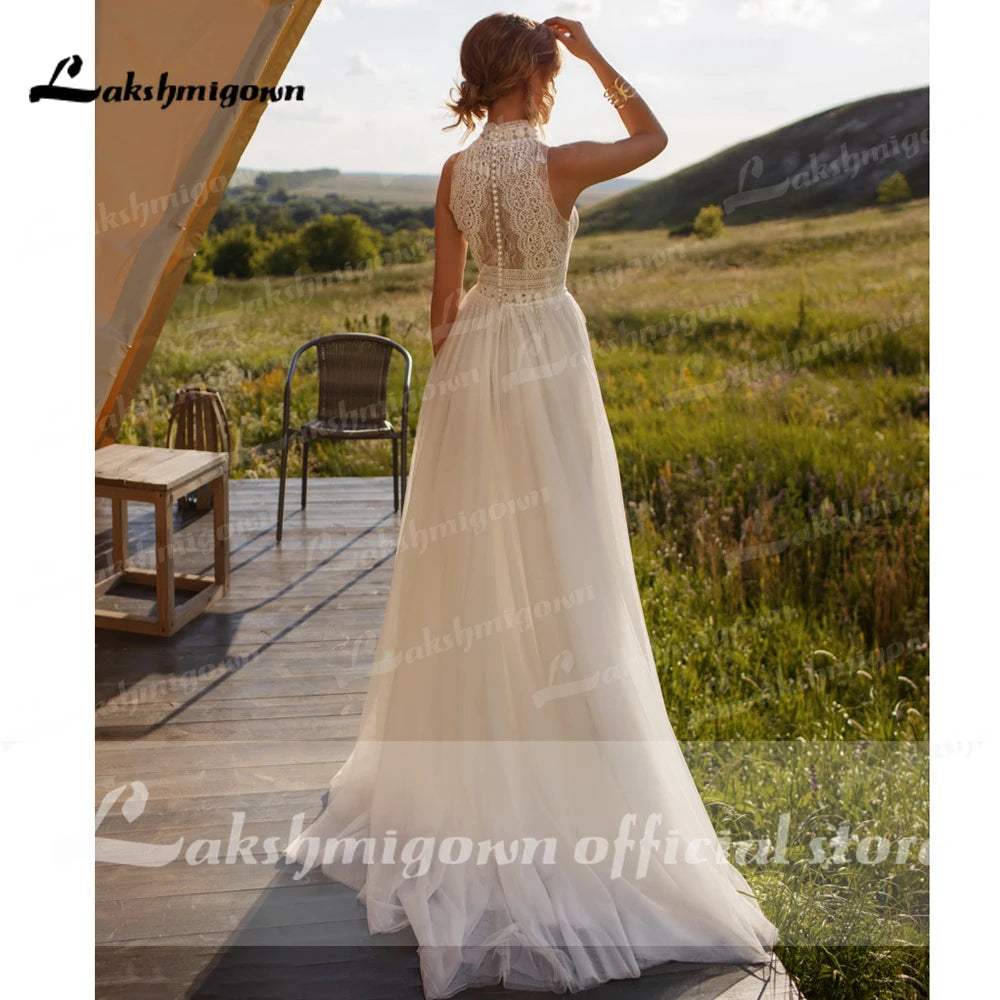 Vintage Boho Wedding Dress Lace Tulle High Neck  A Line Bohemian Bridal Gowns 2021 Ivory ELegant Bride dress Robe de Mariage