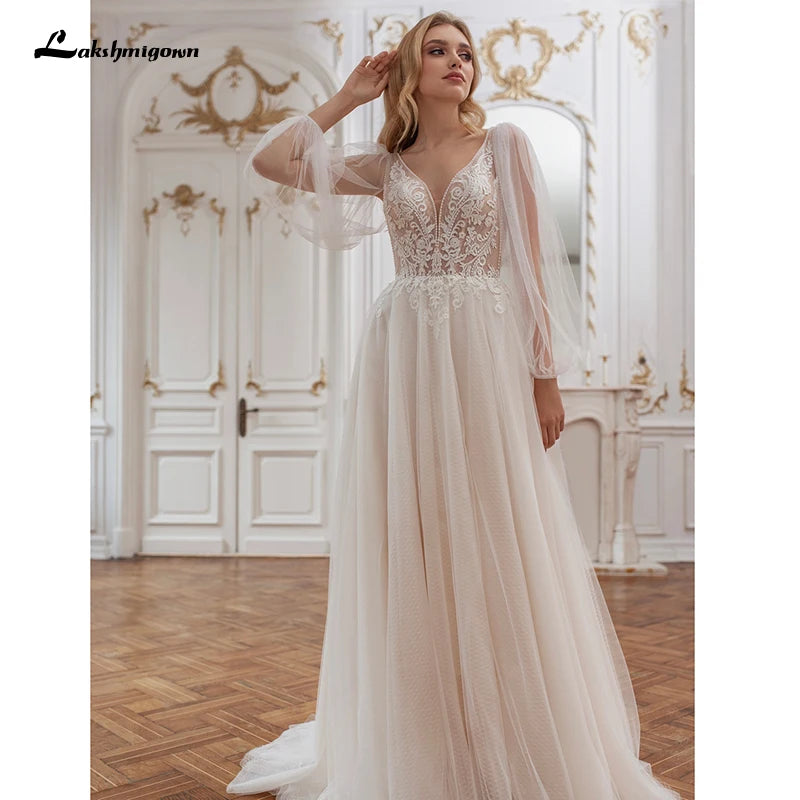 Modest Bohemian Wedding Gowns Long Flare Sleeve 2021 Sexy Deep V-Neck Lace Appliques Sweep Train Bridal Dresses