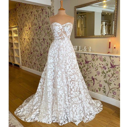 Full Lace Floral Sweetheart Neckline Princess Beach Wedding Dress