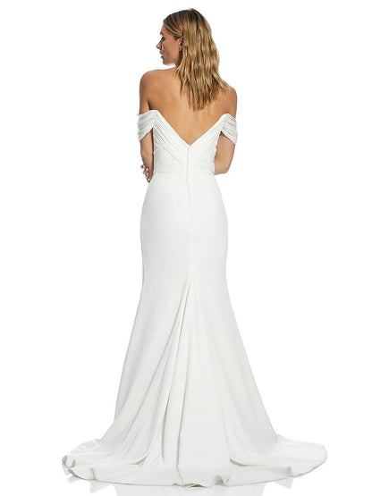 Off Shoulder V-Neck Draped Sleek Satin Wedding Dress with Train