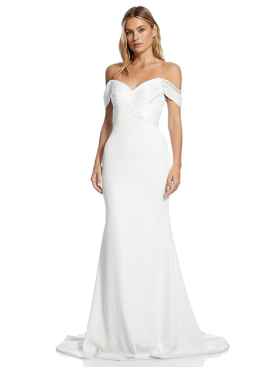 Off Shoulder V-Neck Draped Sleek Satin Wedding Dress with Train