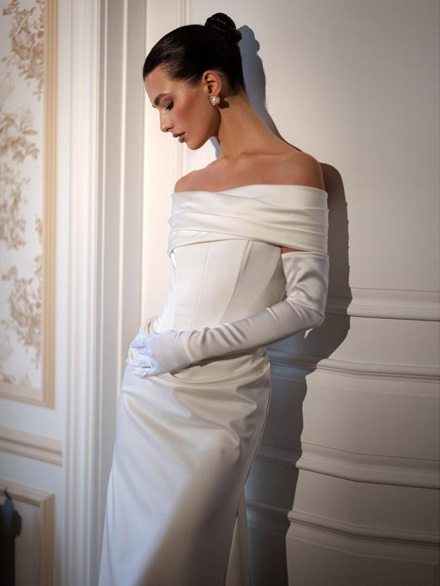 Off Shoulder Draped Sleek Satin Simple Wedding Dress with Train