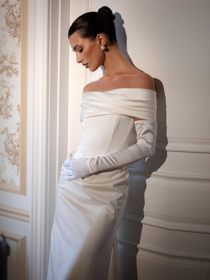 Off Shoulder Draped Sleek Satin Simple Wedding Dress with Train