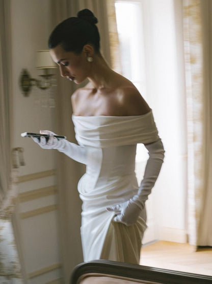 Off Shoulder Draped Sleek Satin Simple Wedding Dress with Train