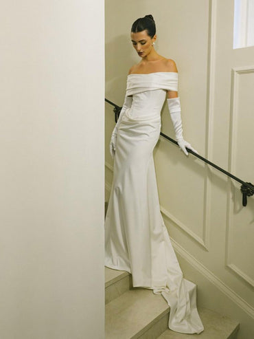 Off Shoulder Draped Sleek Satin Simple Wedding Dress with Train