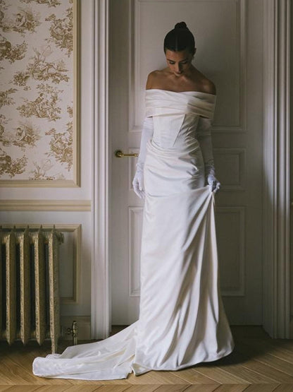 Off Shoulder Draped Sleek Satin Simple Wedding Dress with Train