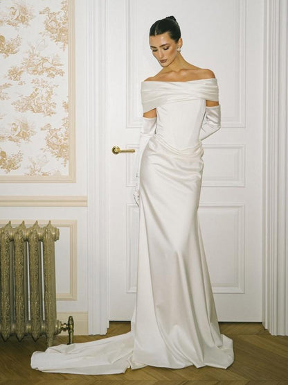 Off Shoulder Draped Sleek Satin Simple Wedding Dress with Train