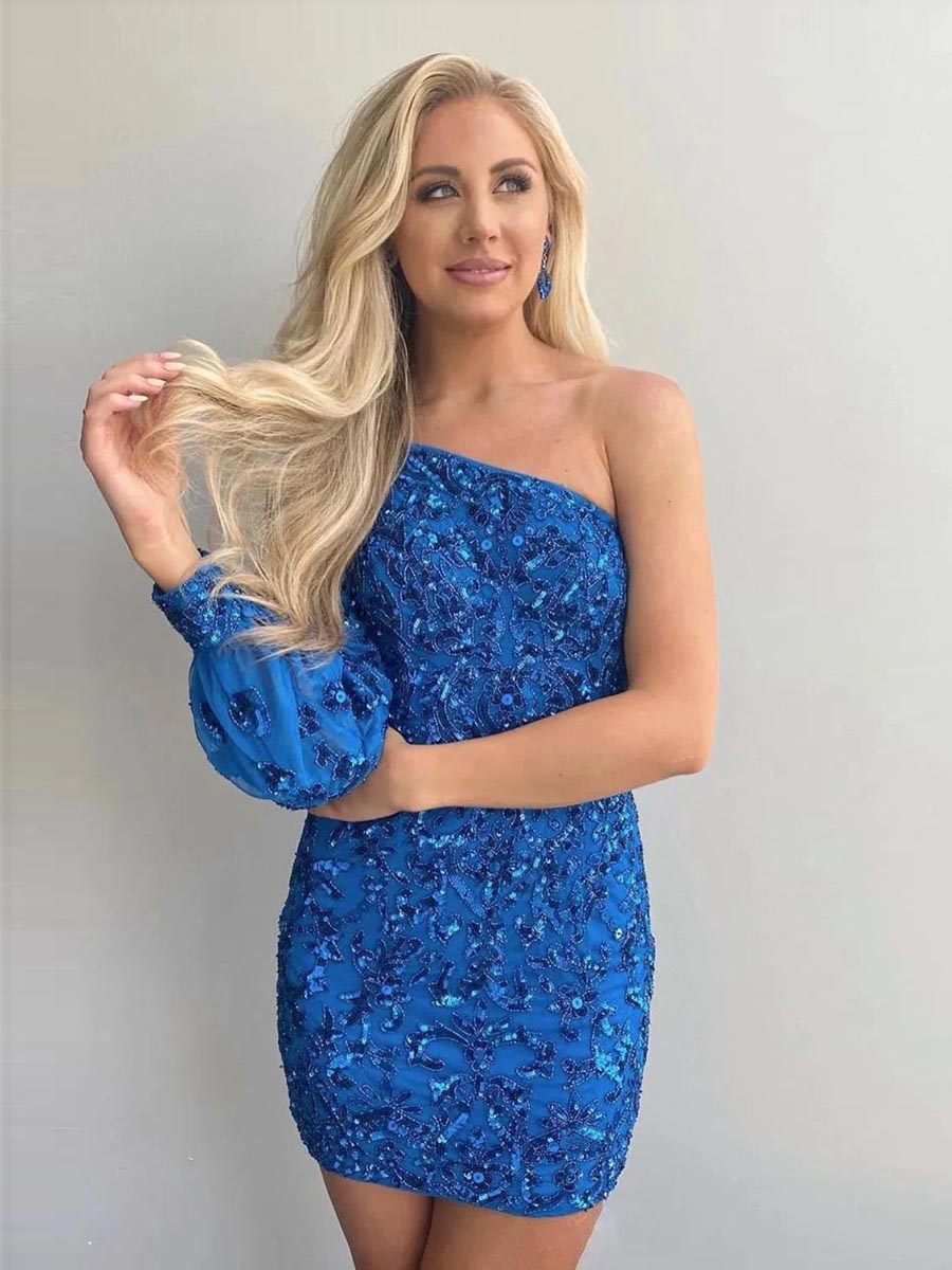One Shoulder Long Sleeves Full Sequins Beaded Party Evening Homecoming Dress