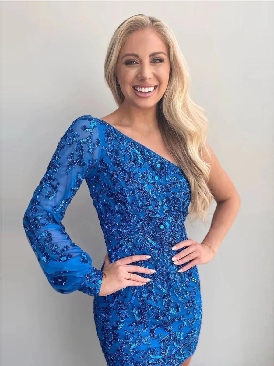 One Shoulder Long Sleeves Full Sequins Beaded Party Evening Homecoming Dress