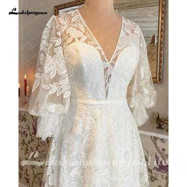 Lakshmigown A Line V Neck Lace Wedding Dress Cap Sleeves 2023 Sexy Bridal Gown Beach Lace Wedding Gowns Custom Made