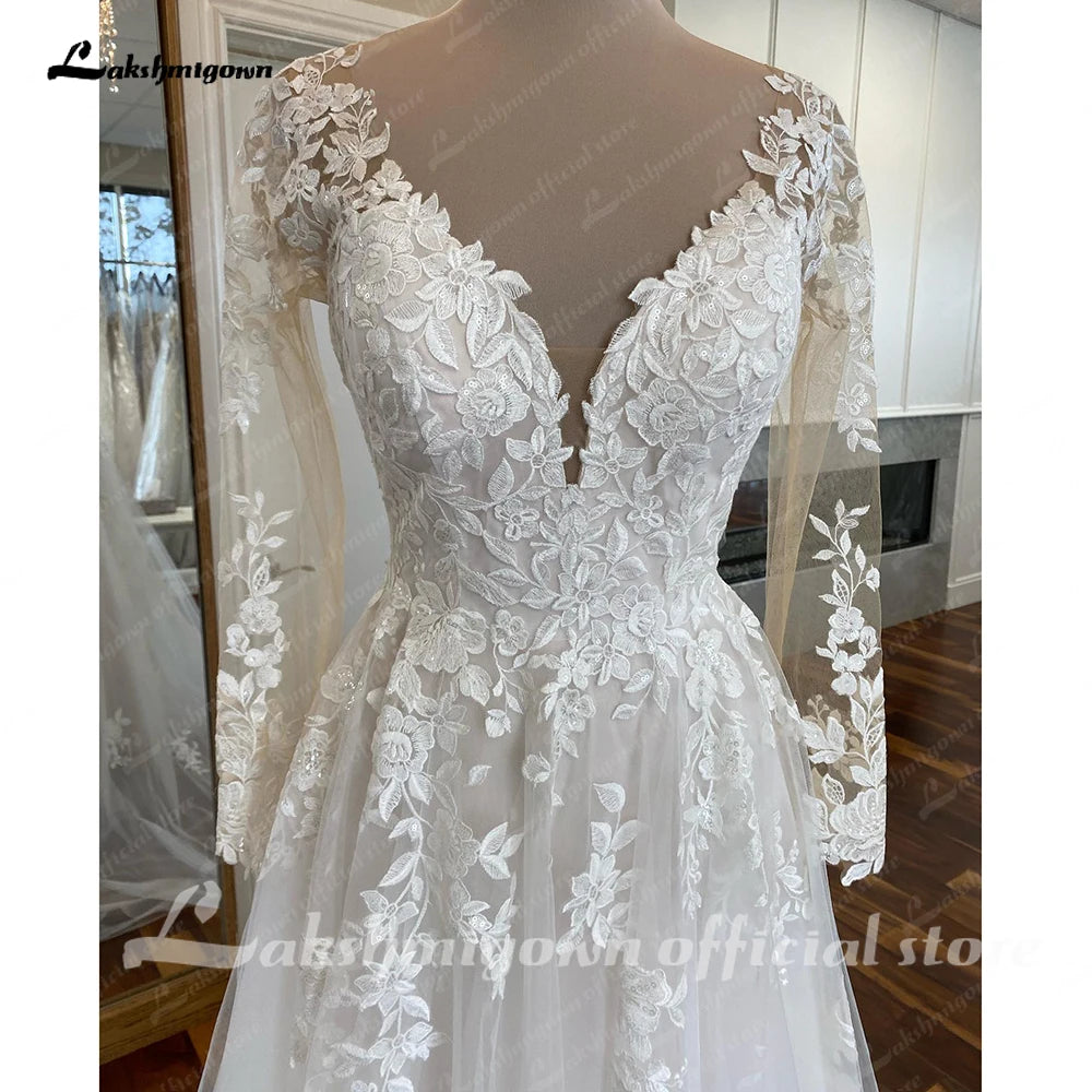 Lakshmigown A-Line V-Neck Long Sleeves Wedding Dress for Beach Bead Appliques Backless Sweep Train Party Dresses for Wedding
