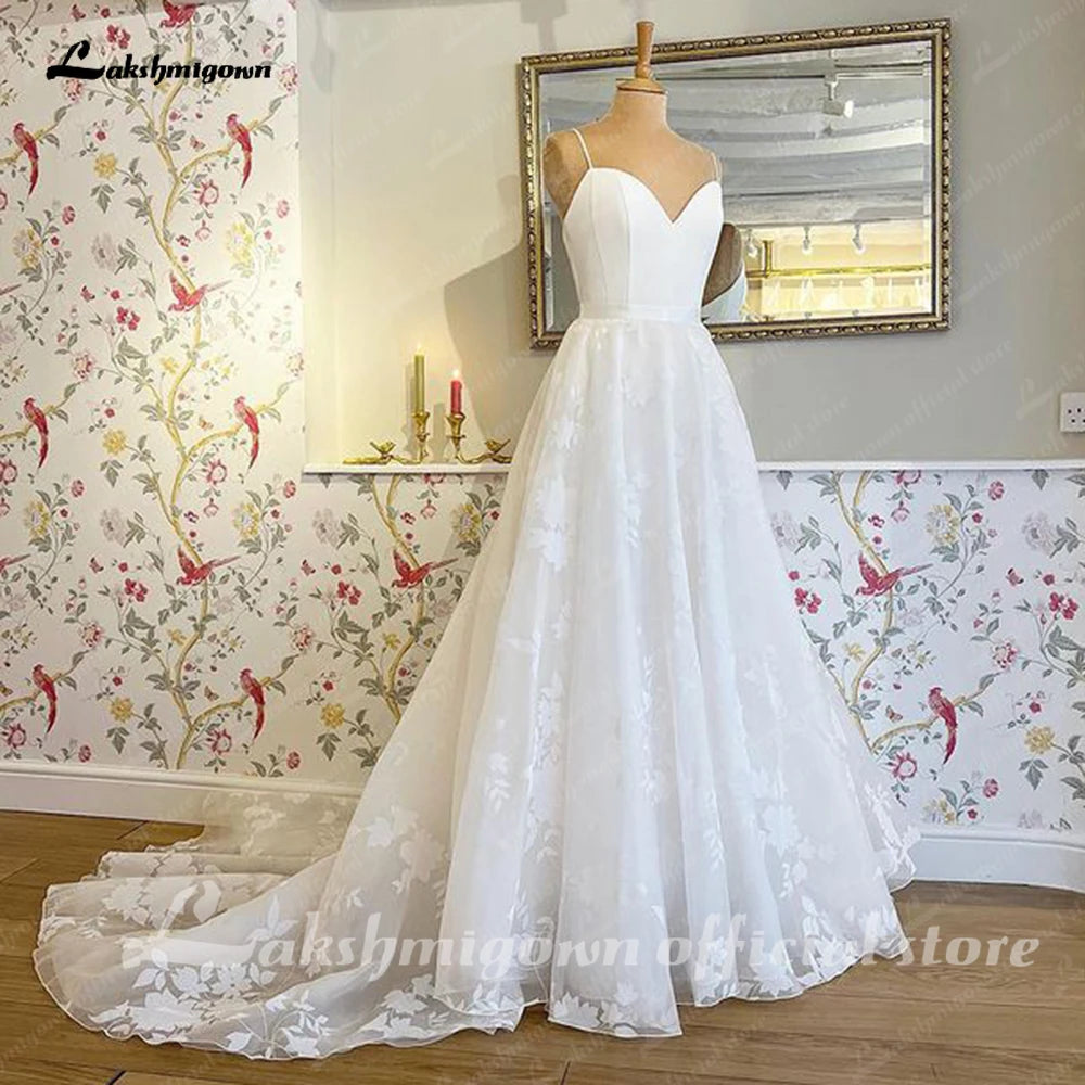 Lakshmigown Boho Floral Lace Wedding Dress 2023 Spaghetti Straps V Neck Bridal Gowns Sweep Custom Made Vestido De Noiva