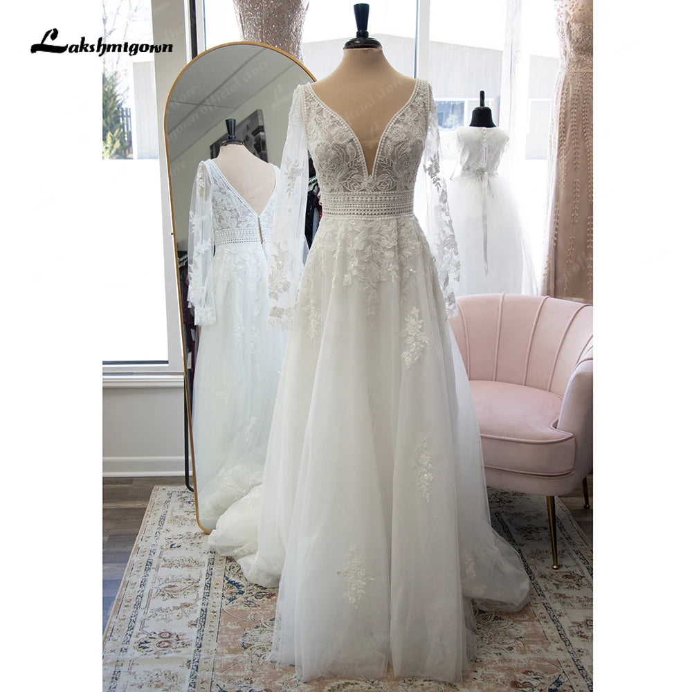 Lakshmigown Boho Lace Long Sleeve Bridal Wedding Gown with V Neck Appliques Wedding Dress for Women vestido de fiesta de boda