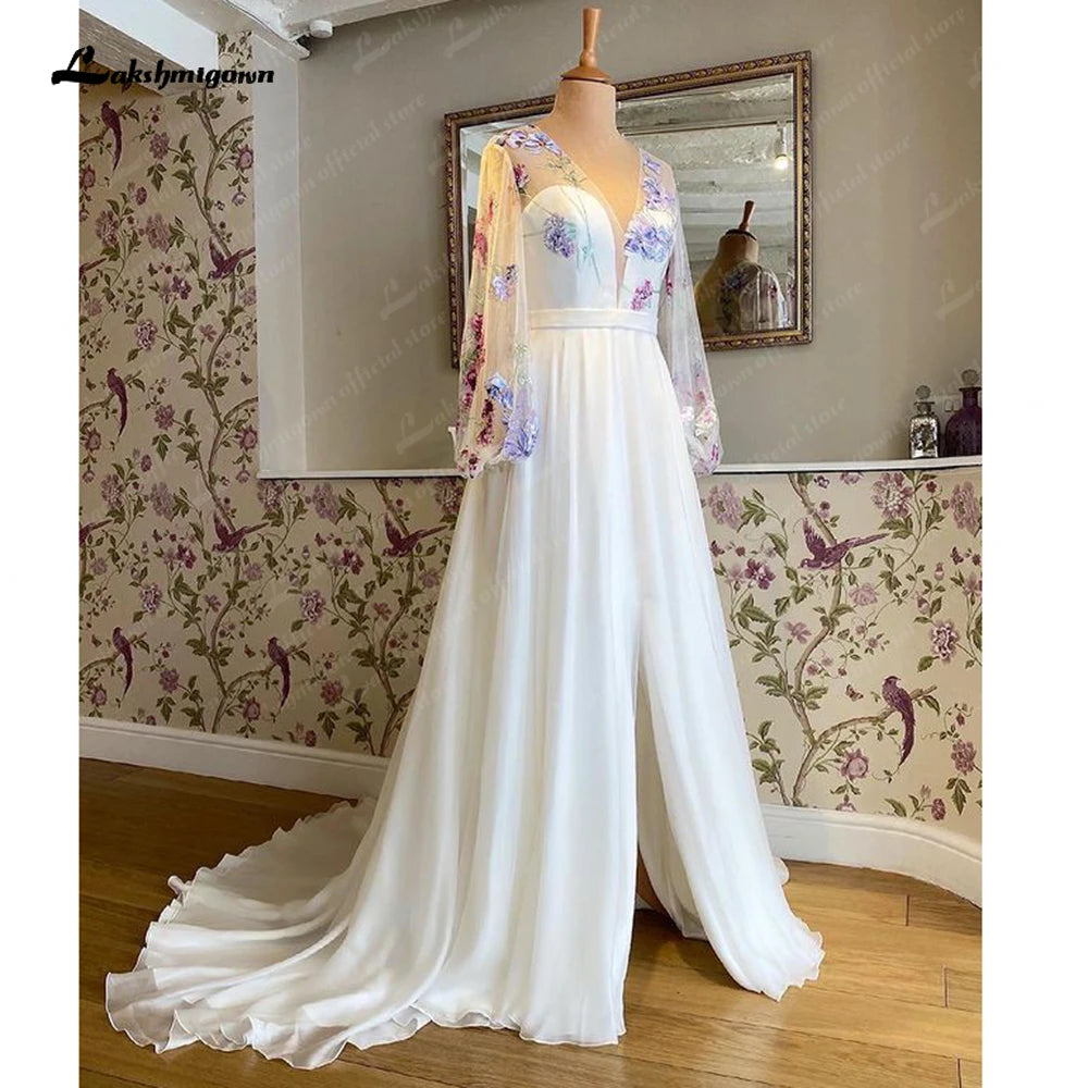 Lakshmigown Deep V Slit Floral Lace Wedding Gowns For Women 2023 Vestidos Puffy Long Sleeve Bridal Boho Beach Wedding Dresses