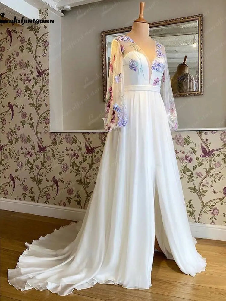 Lakshmigown Deep V Slit Floral Lace Wedding Gowns For Women 2023 Vestidos Puffy Long Sleeve Bridal Boho Beach Wedding Dresses