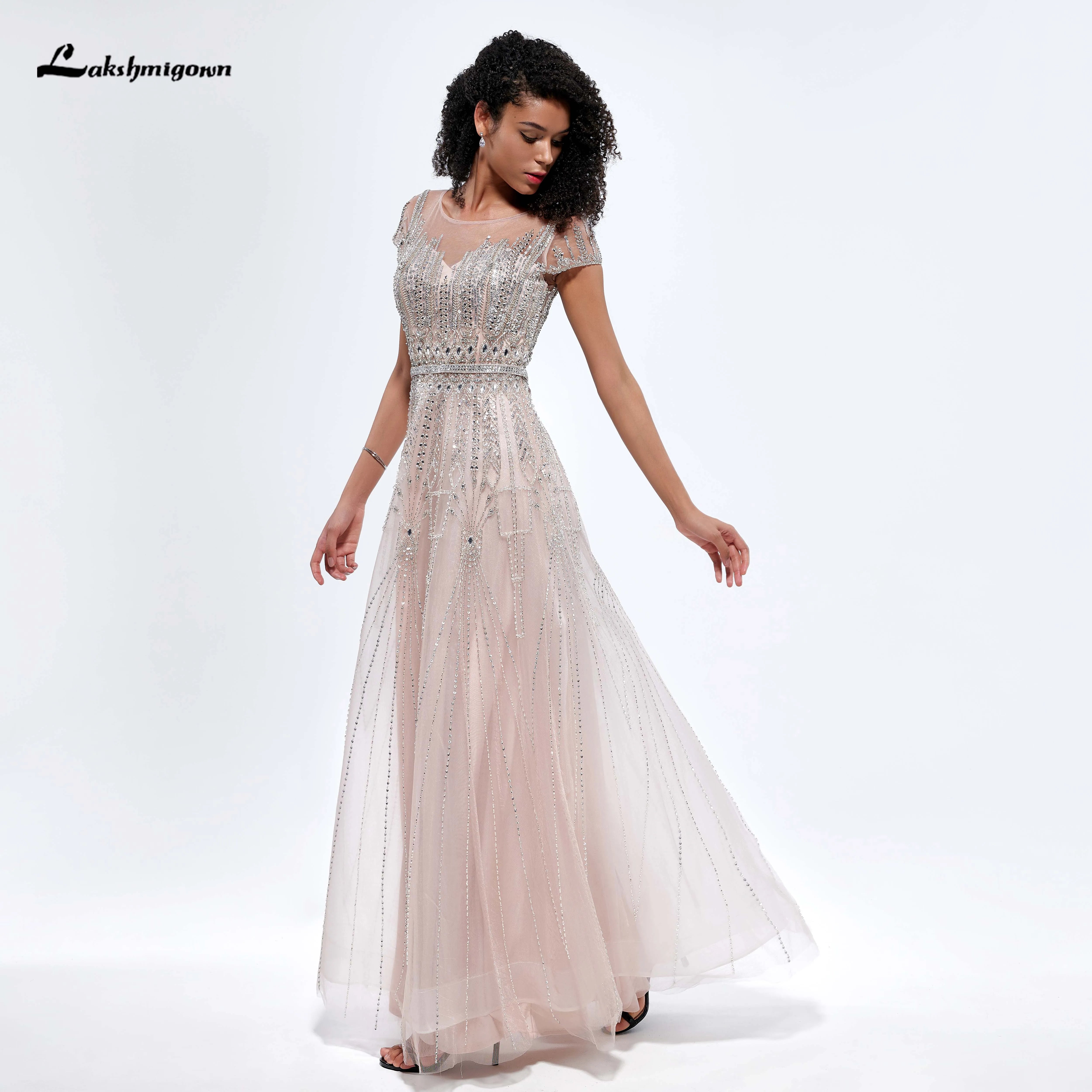 Lakshmigown Exquisite O Neck Short Cap Sleeve Beading A Line Evening Prom Dress For Women vestido para mujer elegantes y bonitos