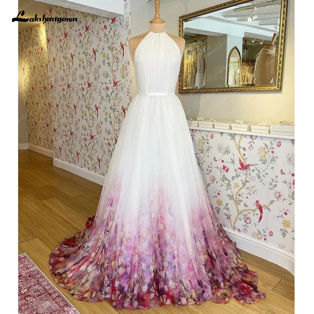 Lakshmigown Halter Neck Chiffon A Line Floral Print Wedding Dress 2023 Pleats Garden Wedding Gowns for Bridal Robe De Mariée
