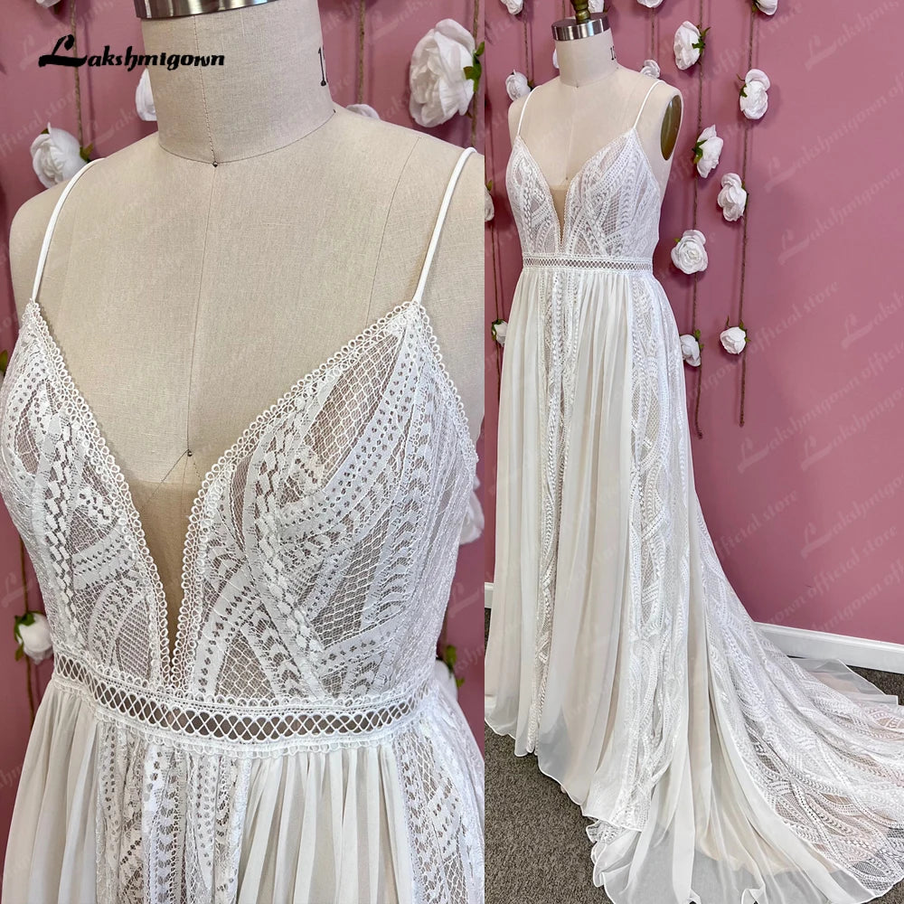 Lakshmigown Lace Chiffon A-Line Wedding Dresses Sweep Train Floor-Length V-Neck Spaghetti Straps