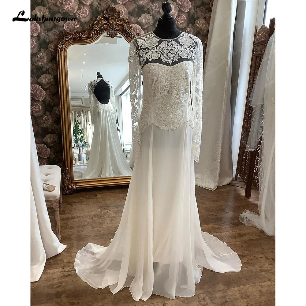 Lakshmigown Lace Chiffon Women Wedding Dress 2023 Long Sleeves Boho Robe Mariee Beach Wedding Gowns Backless abito da sposa