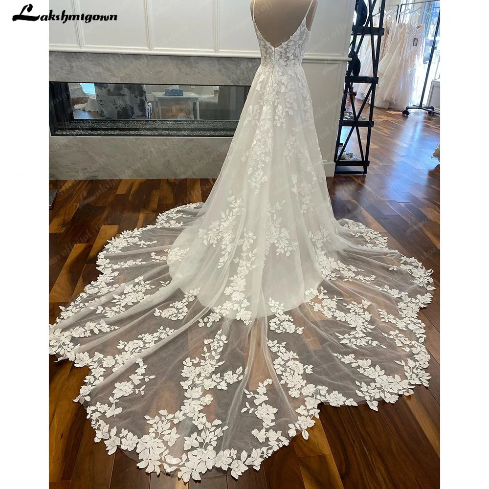 Lakshmigown Lace Floral V Neck Backless Wedding Dress for Women 2024 Spaghetti Straps Bridal Gown