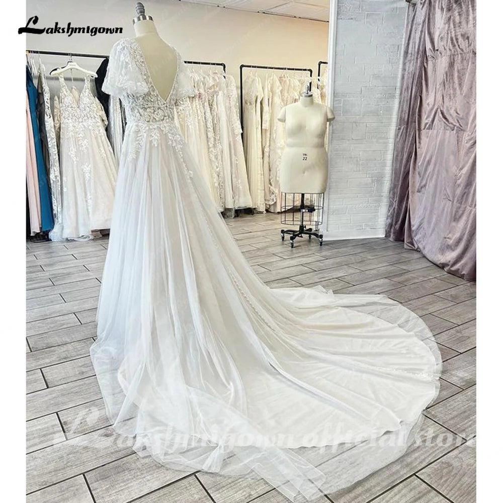 Lakshmigown Lace V-Neck Boho Wedding Dress with Sleeves vestidos de fiesta A Line Tulle Beach Wedding Gowns 2023 Hochzeit