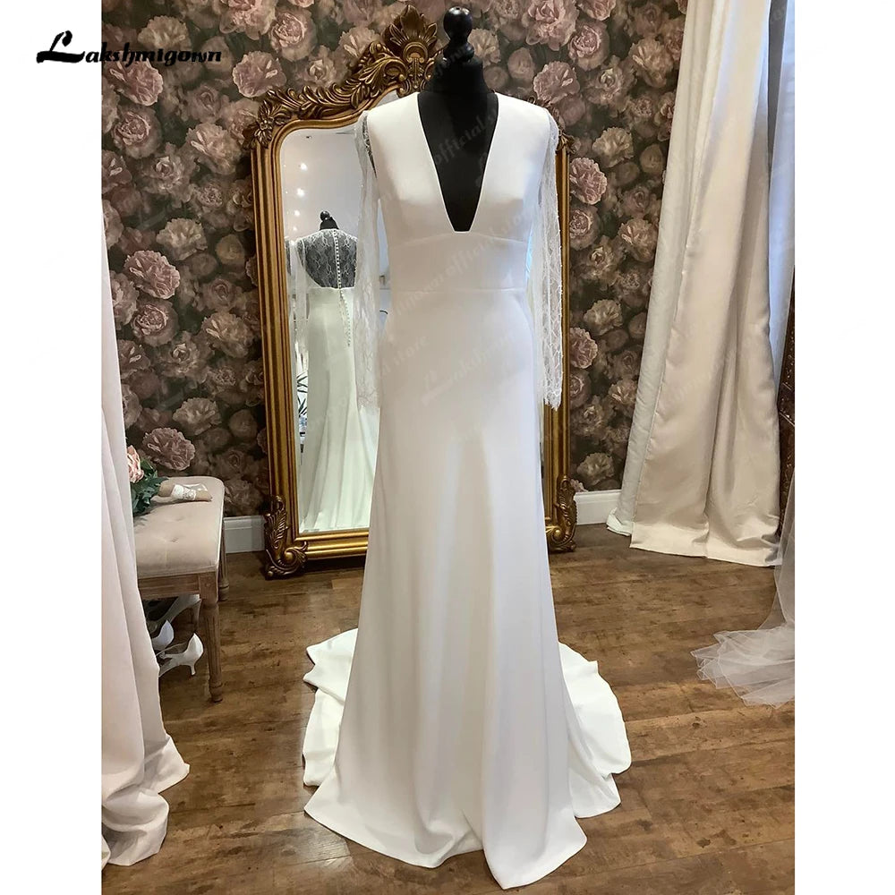 Lakshmigown Long Sleeves Boho Beach Wedding Dresses 2024 Lace Open Back Sweep Train Bridal Gown vestido de boda corte sirena
