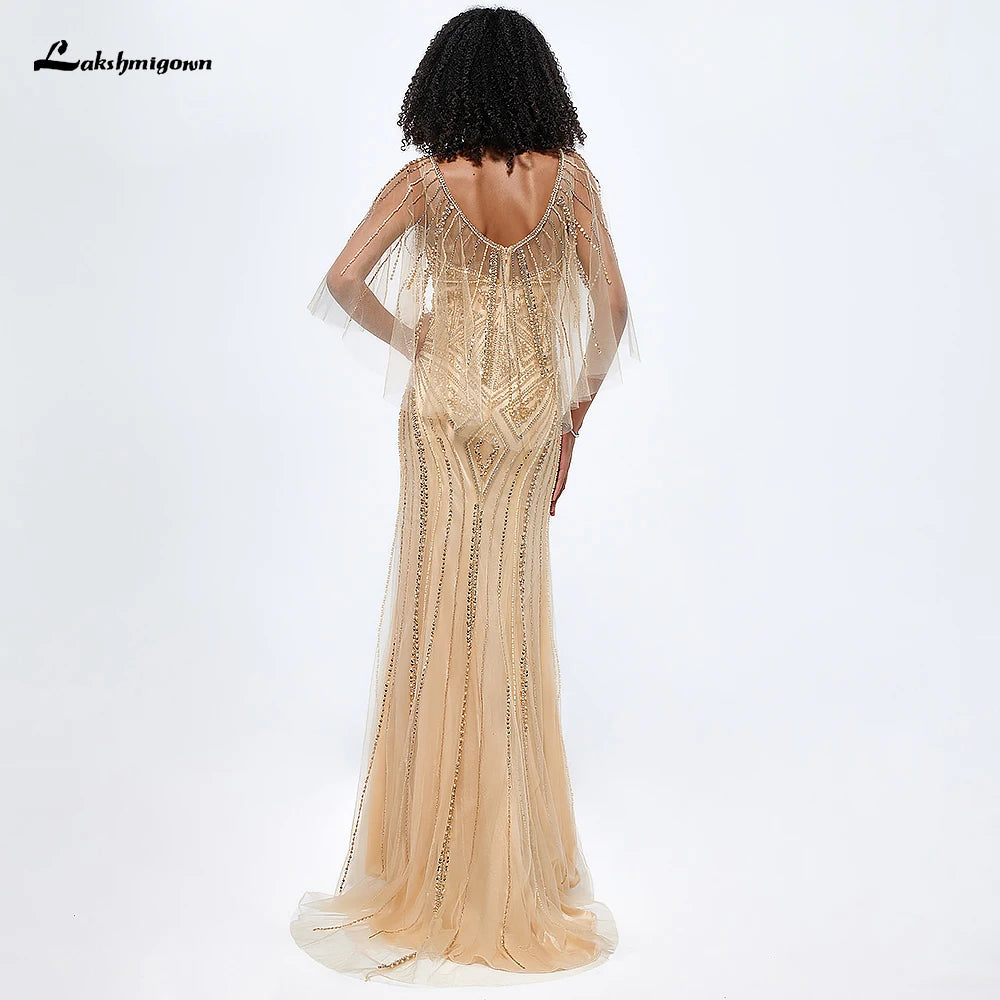 Lakshmigown Luxury Long Mermaid Evening Gowns 2024 Full Pearls Sleeveless Shawl Yarn Elegant Evening Dress Prom Celebrity Gown