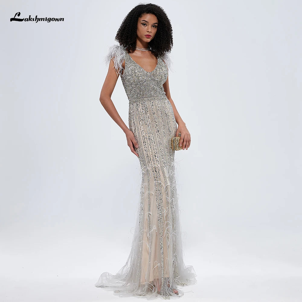 Lakshmigown Luxury feathered heavily beaded tassel mermaid bridal party wear evening gown For Women Formal Wedding Party