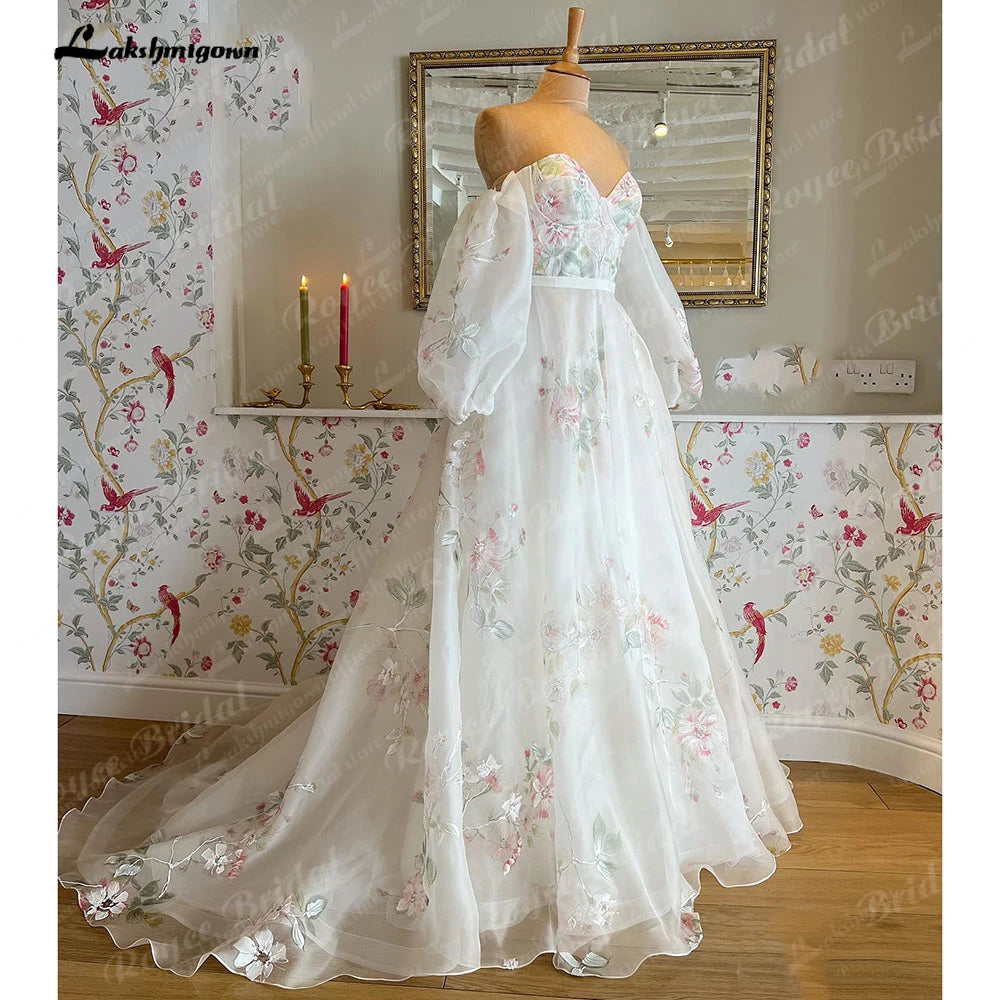 Lakshmigown Off Shoulder Princess Sweetheart Print Flower Wedding Dress with Detachable Long Puff Sleeve Wedding Party Dress