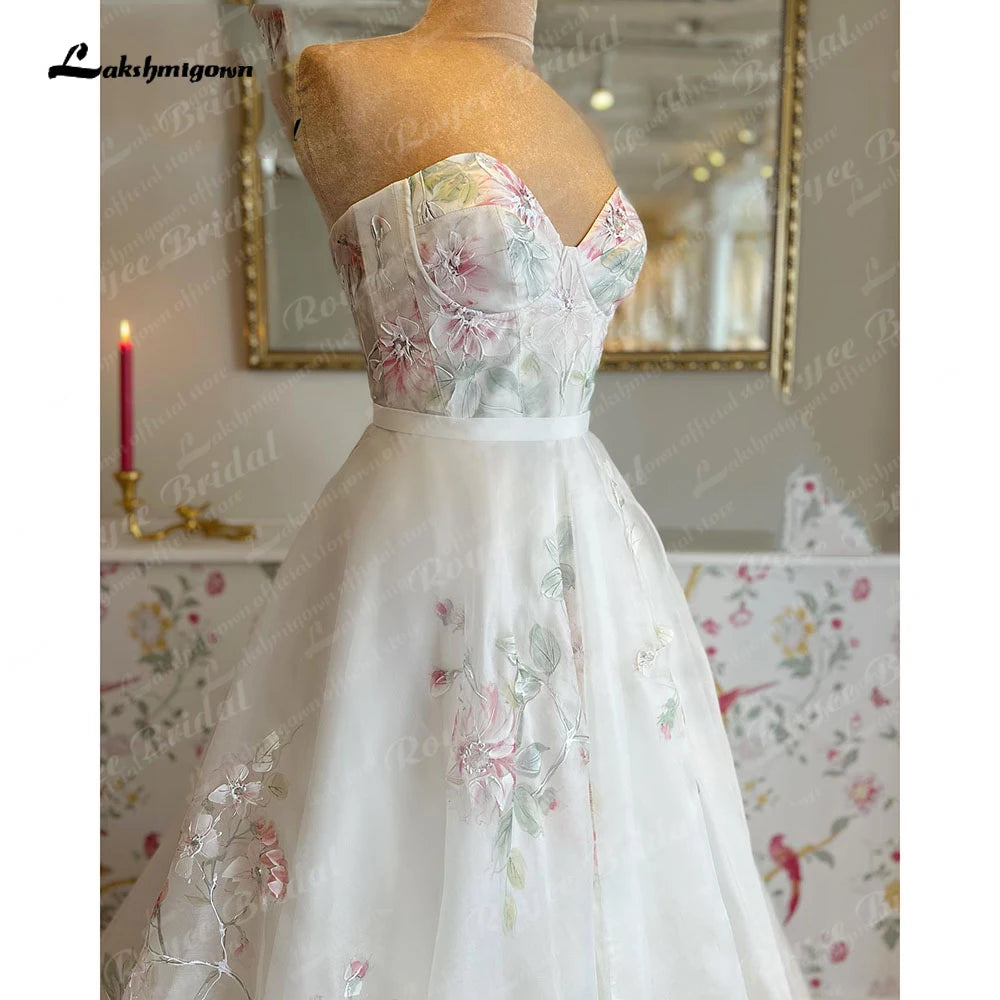 Lakshmigown Off Shoulder Princess Sweetheart Print Flower Wedding Dress with Detachable Long Puff Sleeve Wedding Party Dress