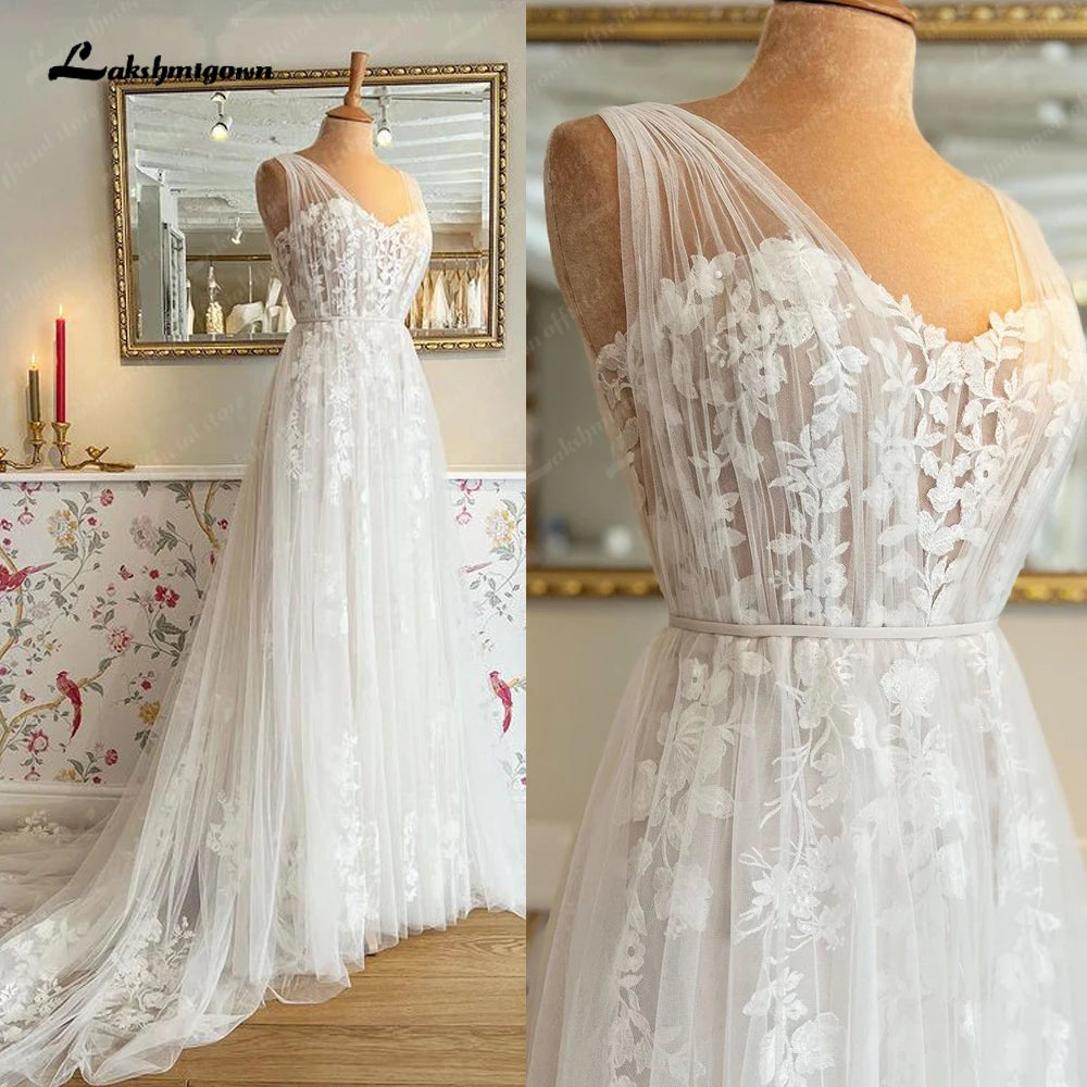 Lakshmigown Princess Boho Wedding Dress Beach 2024 Vintage Lace Appliques Tulle A Line Bridal Gowns